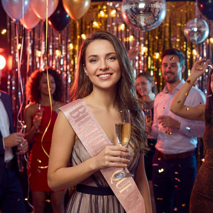 Piriuuo Rose Gold Birthday Queen Sash, Glitter Happy Birthday Sash for Women with Gold Foil 'Birthday Queen' Birthdays Sashs for Girls Women