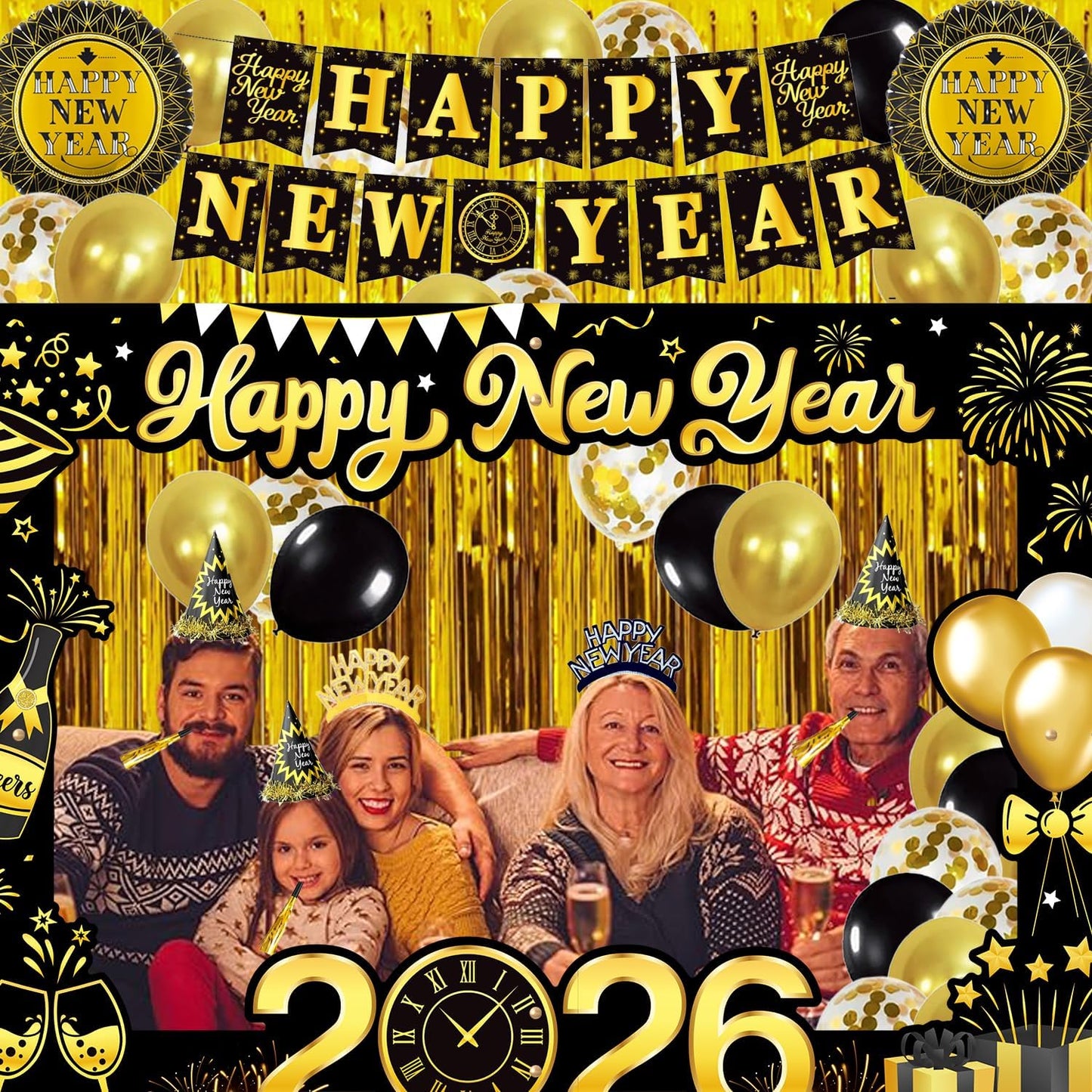 New Years Eve Party Supplies 2026, New Years Photo Booth Props 2026 Huge Selfie Picture Frame New Year Hats Party Squawkers Party Blower Happy New Year's Decorations Latex Balloons