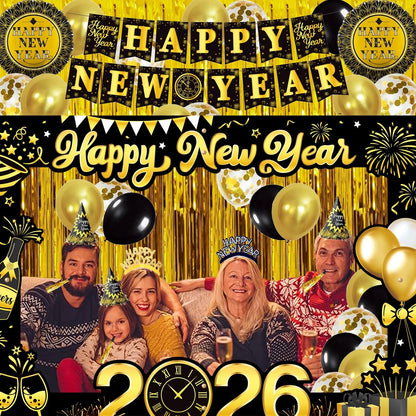 New Years Eve Party Supplies 2026, New Years Photo Booth Props 2026 Huge Selfie Picture Frame New Year Hats Party Squawkers Party Blower Happy New Year's Decorations Latex Balloons