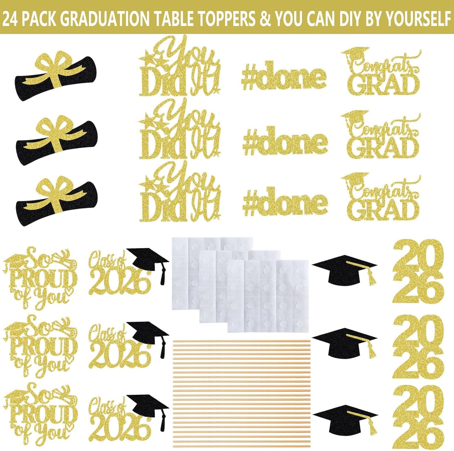 24Pcs 2026 Graduation Table Centerpieces Gold, Graduation Centerpieces for Tables 2026 Gold Class of 2026 Graduation Centerpiece Sticks for 2026 Graduation Party Table Decorations Gold