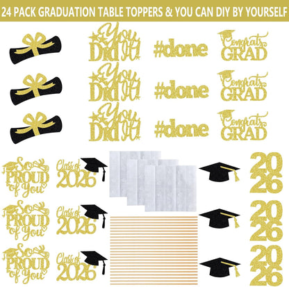 24Pcs 2026 Graduation Table Centerpieces Gold, Graduation Centerpieces for Tables 2026 Gold Class of 2026 Graduation Centerpiece Sticks for 2026 Graduation Party Table Decorations Gold