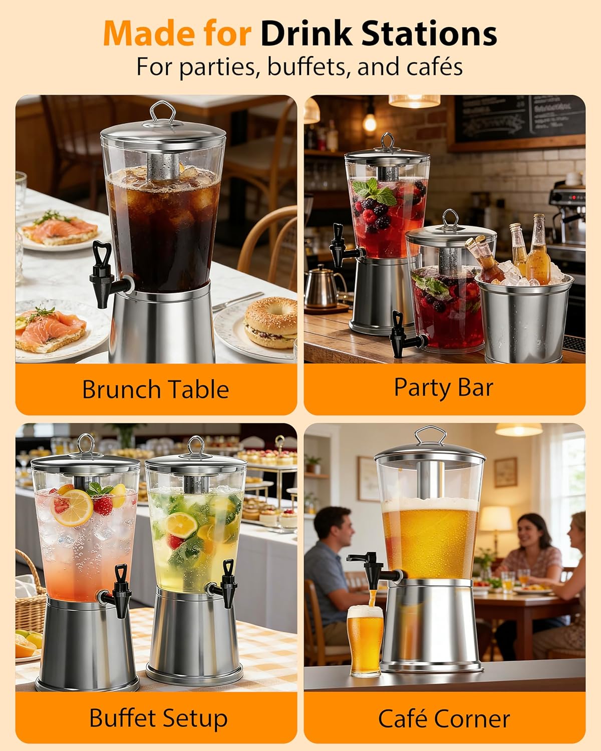 Beverage Dispenser with Stand,2 Gallon Drink Dispenser for Parties,Events,Buffet &Self-Serve,Dual Ice Tube Core Fruit Infuser,Leakproof Spigot,Clear PC Container,Stainless Steel Lid&Base