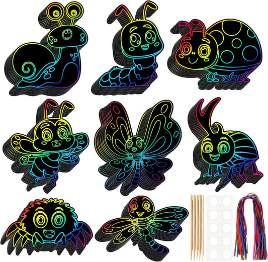 80 Pcs Insect Scratch Cards Colorful Rainbow Butterfly Scratch Paper Art with Wooden Stylus for Birthday Party Classroom DIY Activities