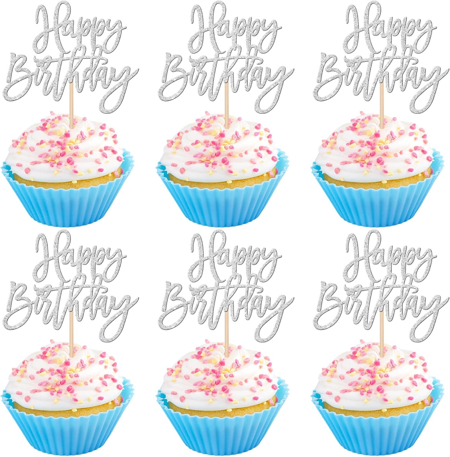 24 PCS Happy Birthday Cupcake Toppers Glitter Picks for Celebrating Anniversary Theme Party Cake Decorations Supplies Gold