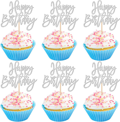24 PCS Happy Birthday Cupcake Toppers Glitter Picks for Celebrating Anniversary Theme Party Cake Decorations Supplies Gold