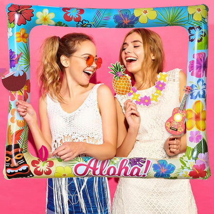 37Pcs Aloha Luau Party Inflatable Selfie Photo Frame & Photo Booth Props Set Hawaiian Party Selfie Props for Pictures and Decorations Summer Tropical Flamingo Tiki Birthday Party Supplies