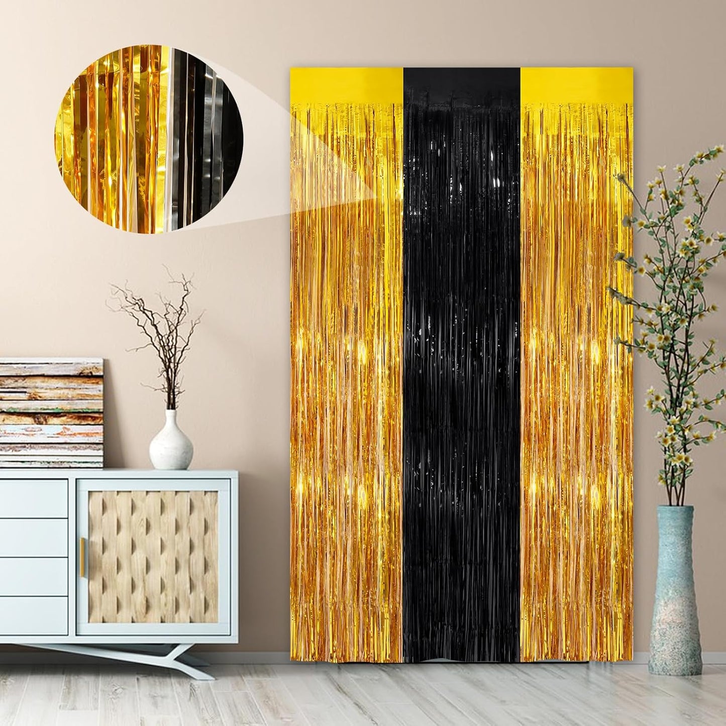 Black Fringe Curtain Party Streamers 2Pack 3.3x8.3 Ft Foil Fringe Backdrop Curtains for Birthday Wedding Bridal Baby Shower Halloween Decor Tinsel Streamers Black Party Decorations Door Streamers