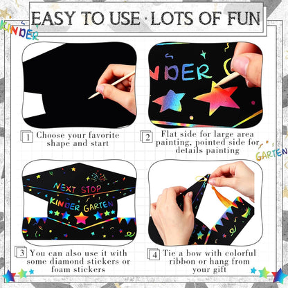 Qilery Graduation Paper Hat Craft Kit, 60 Set Black Scratch Grad Crowns, DIY Arts and Crafts for Kids Graduation Birthday Party Favor Classroom Activity