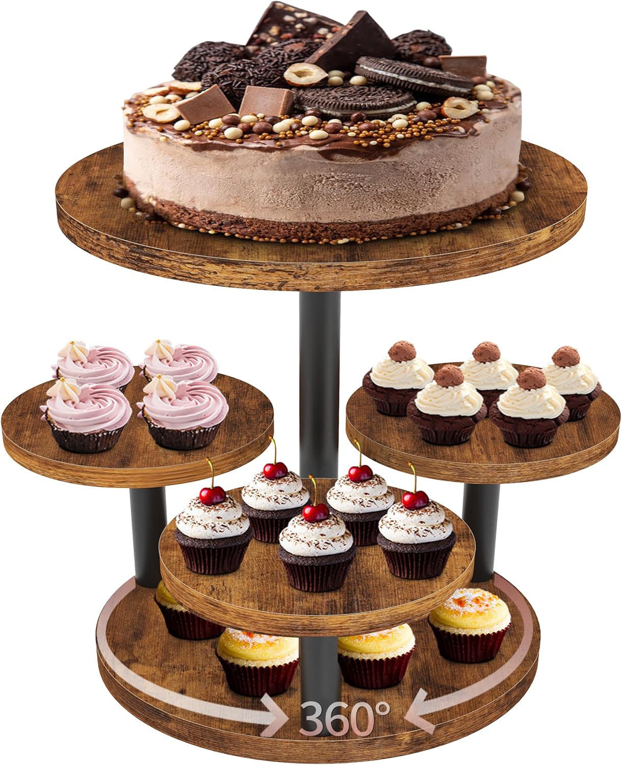 Cupcake Stand, Rotatable Cupcake Stand, Rustic Industrial Wood Cake Stand Cupcake Tower, Dessert Table Display Set Tiered Tray Stand, Round Serving Tray Cake Stands for Party Wedding Birthday