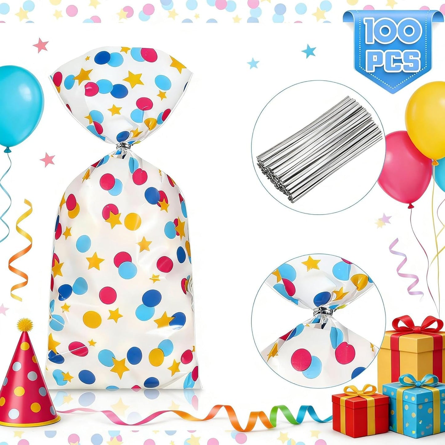 Pajean 100 Pcs Cellophane Treat Bags for Party Favors Polka Dots Goodie Star Treat Candy Bags with 100 Twist Ties Rainbow Stars Theme for Birthday Mother's Day Birthday Weddings Supplies
