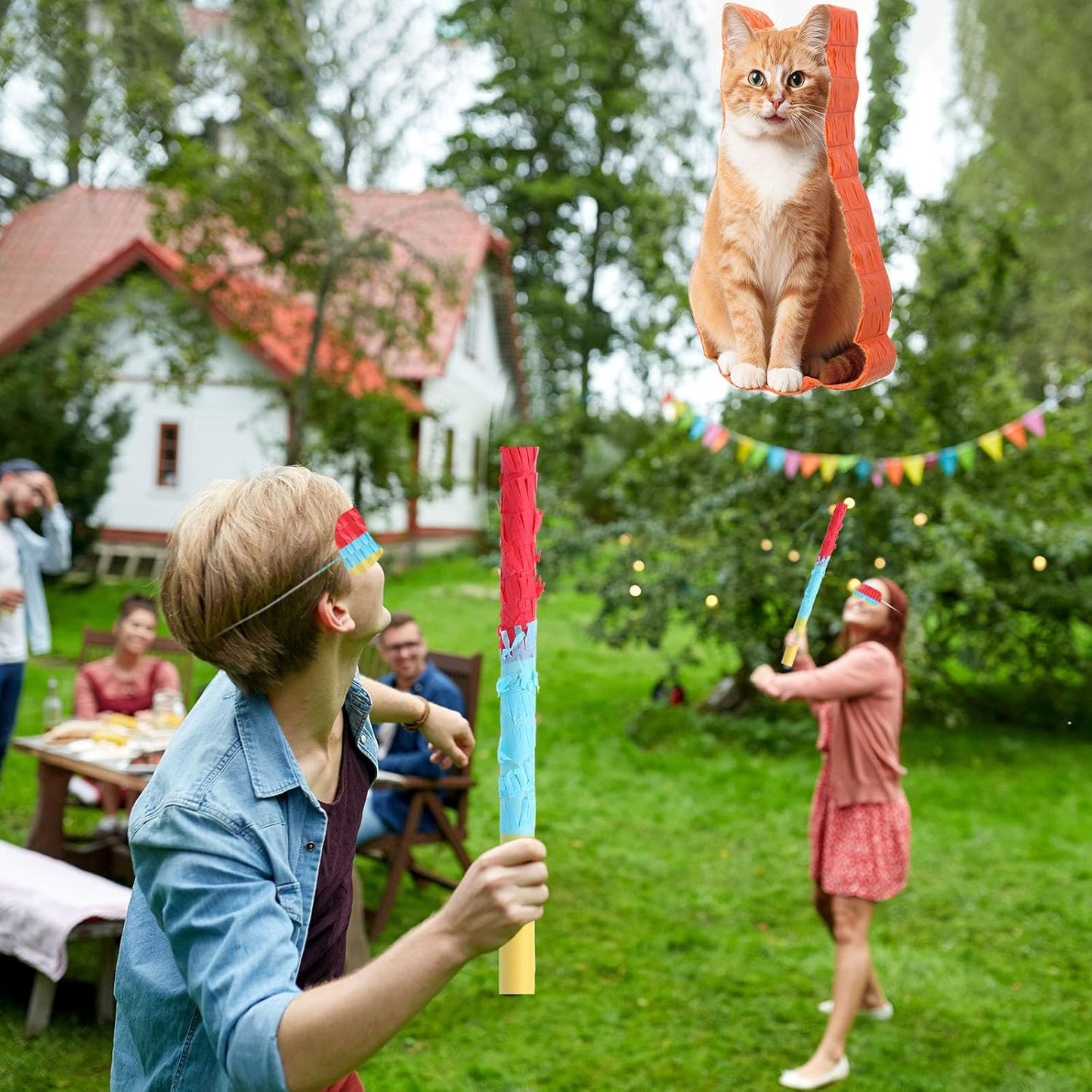 Sotiff Cat Piñata, Cat Party Piñata Game Set, Kitten Theme Piñata Pet Birthday Decoration with Bat Stick Blindfold Mask for Kitten Theme Pet Birthday Party Piñata Decoration Supplies(Orange)