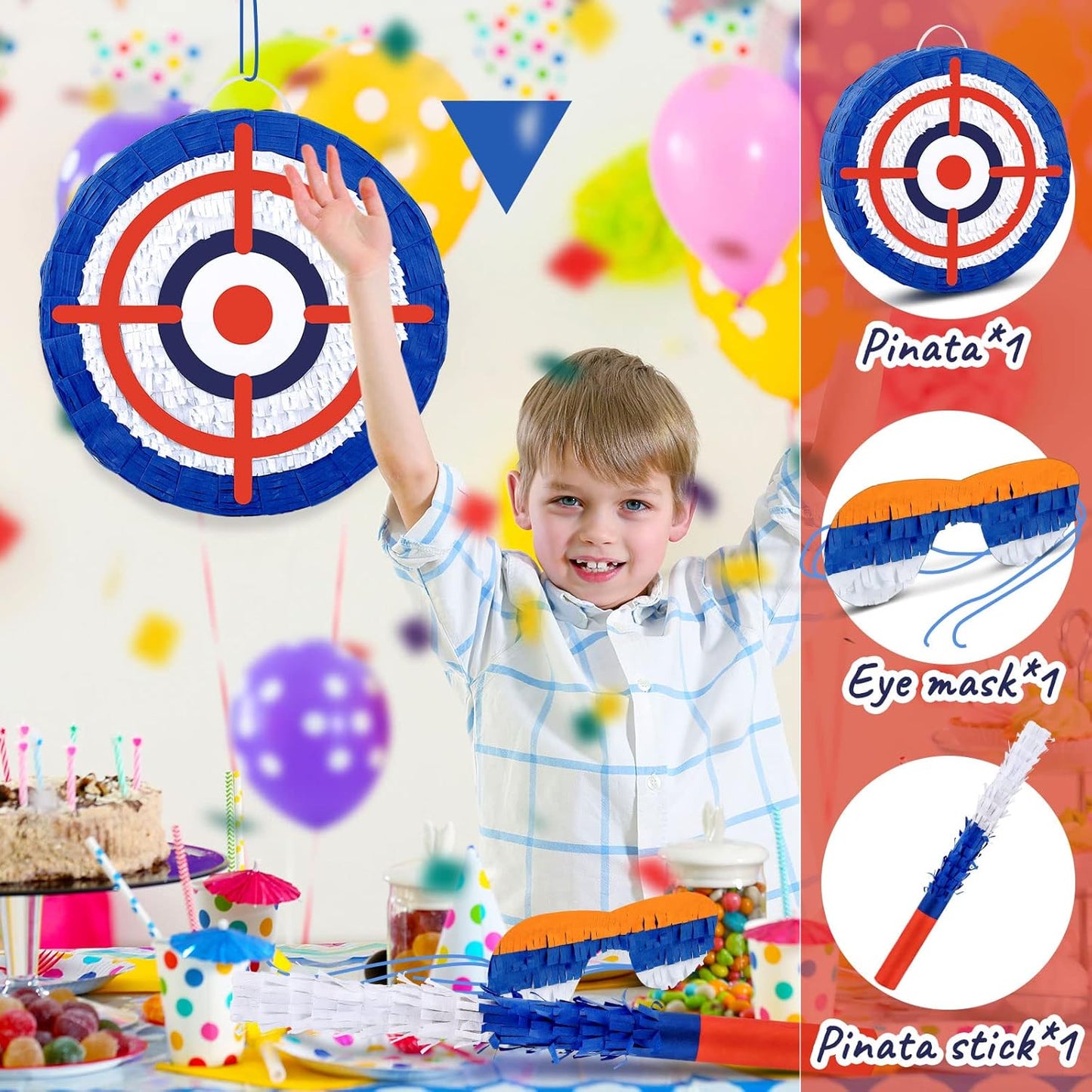 Deekin 3 Pcs Dart Piñata Set Include Large Dart Gun Shooting Target Piñata with Stick Eye Mask for Kids Birthday Party Game Favors Supplies 12.8x12.8 Inch