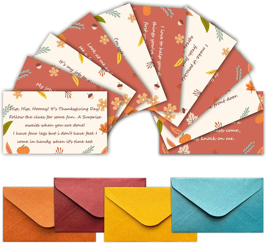 Thanksgiving Scavenger Hunt Cards, Fall Thanksgiving Party Games, Scavenger Hunt Clue Game Card for Adults Family, Fall Party Decorations Supplies, 14 Cards with Envelopes- B01