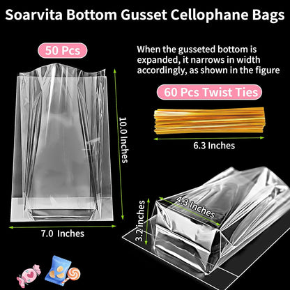 Soarvita 7x10 Inch Cellophane Treat Bags, 50 Pcs Clear Gift Bags with Bottom Gusset for Stand-Up Display, Cellophane Gift Wrap with 60 Gold Ties for Goodies, Treats, Candy, Party Favors, Toys
