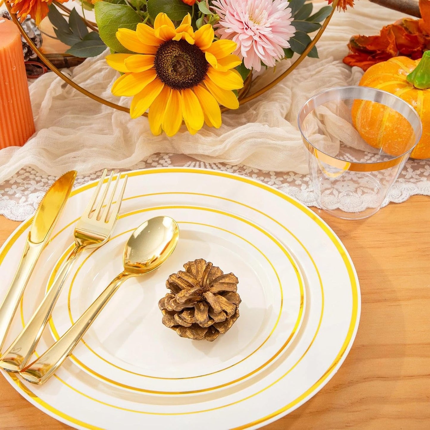WELLIFE 350-Piece Gold Disposable Plates and Cutlery Set - Premium 10.25" Dinner Plates, 7.5" Dessert Plates, 9oz Cups & Cutlery for Weddings, Catering Events - 50 Guest Service - Elegant & Sturdy