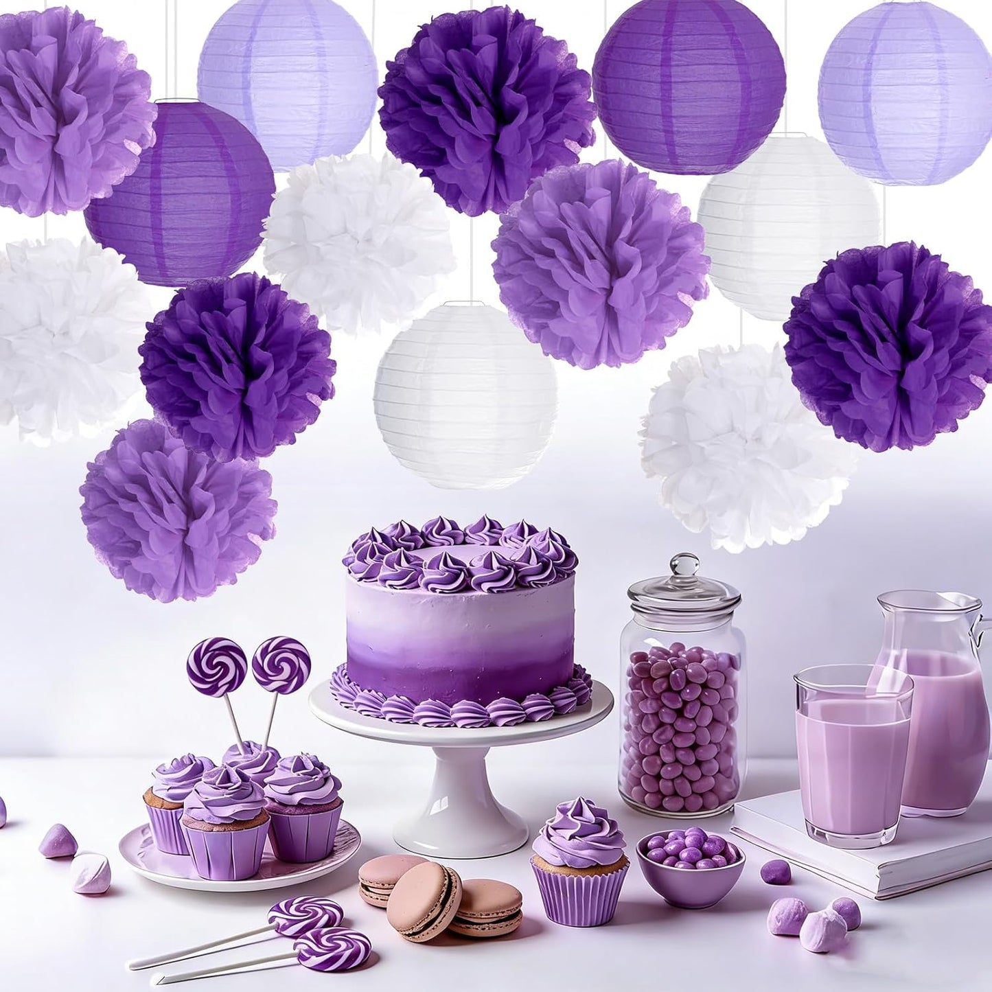 Paper Flower Lanterns Tissue Pom Poms Hanging Decorations Purple Flower Ball for Baby Shower Wedding Birthday Graduation Party Mother's Day