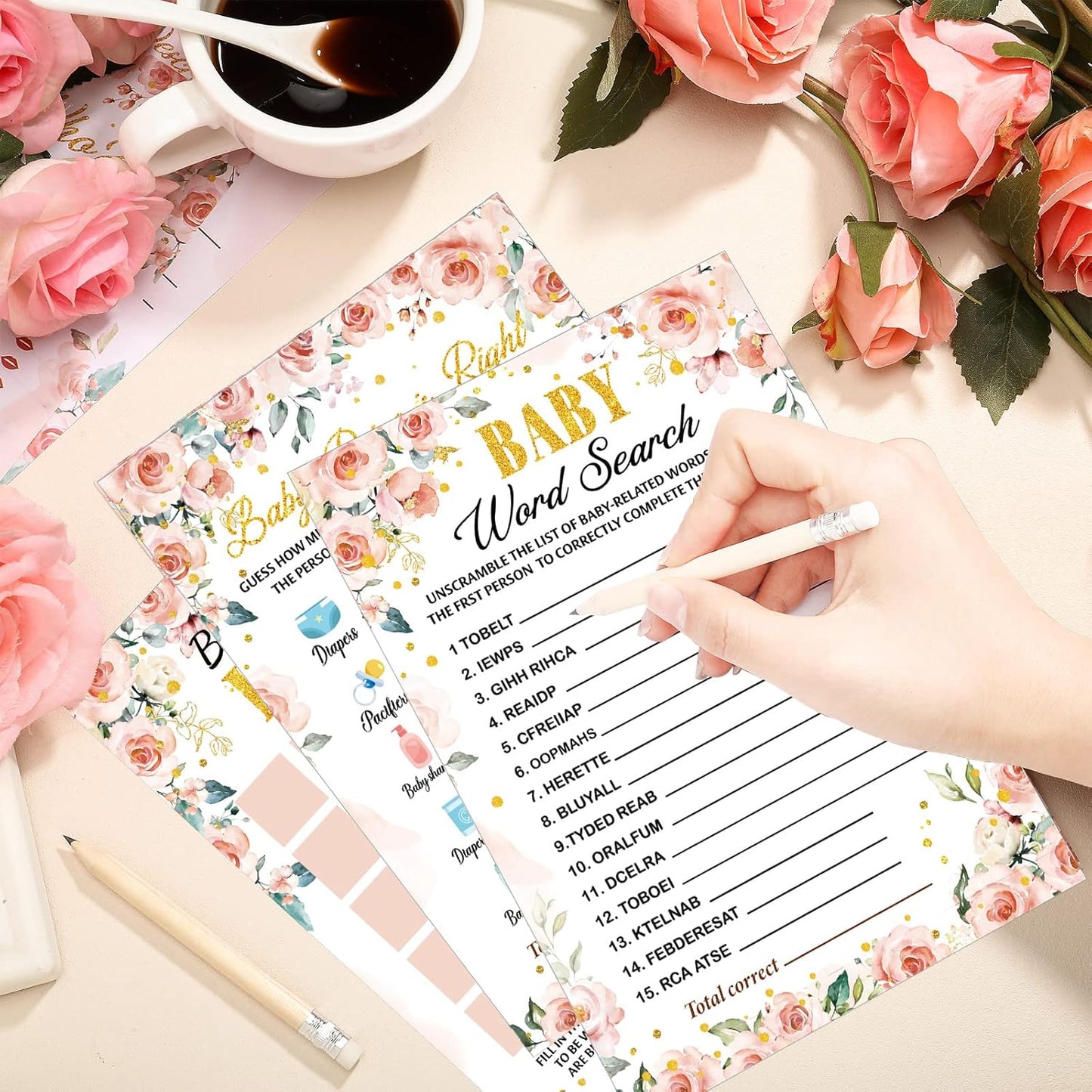 Yinder 145 Pcs Baby Shower Games Activities Cards with 20 Pencils Includes Baby Bingo Description and Wishes Guess Who Price is Right Word Scramble Game(Here Comes the Son)