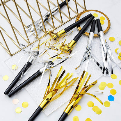 Skylety 48 Pcs Noise Makers Glitter Noise Makers Metallic Fringed Party Blowers Noisemakers Horns for Adults Birthday Graduation Sporting Events 2026 New Years Party Favor Supplies (Gold)