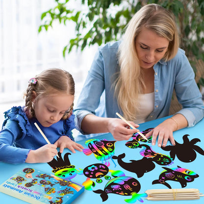 CY2SIDE Summer Ocean Animals Scratch Cards - 63PCS DIY Under The Sea Magic Art Color Scratch Card Craft Kit for Kids Dolphin Magic Rainbow Art for Kids Summer Birthday Party Favor School Activity