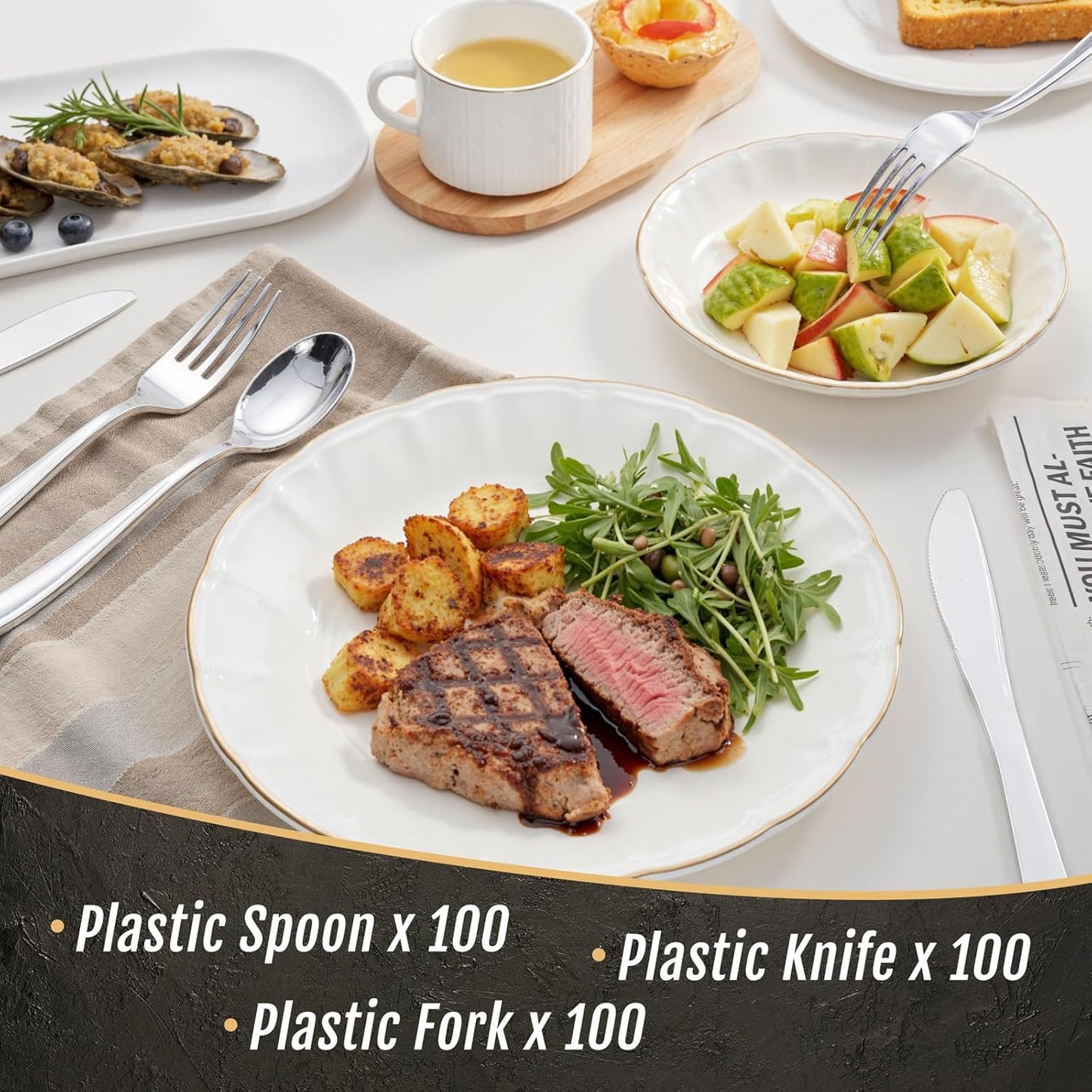 WDF300 Pieces Gold Plastic Silverware - Heavy Duty Disposable Cutlery Set Plastic Gold Silverware Set Includes 100 Forks, 100 Spoons, 100 Knives for Party Baby Shower Wedding Spring