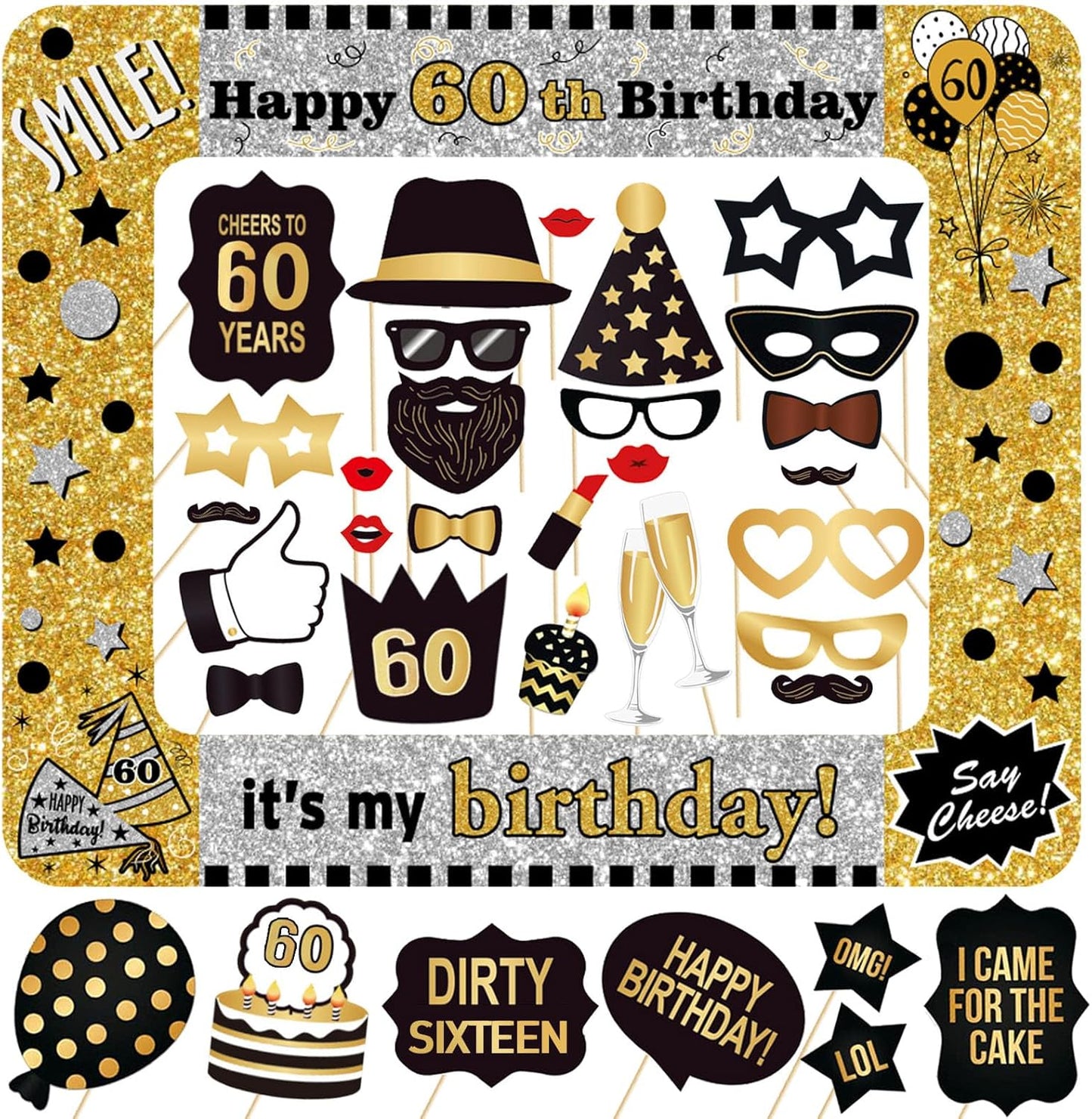 60th Birthday Inflatable Photo Booth Set - Giant Selfie Photo Booth Frame & Props - Black PVC Material - Party Decor