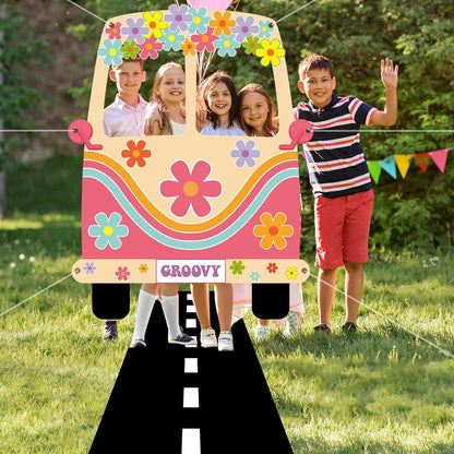 2 Pcs Hippie Bus Photo Booth Prop Road Floor Runner Set 60s 70s Retro Groovy Van Prop Large Fabric 1960s Hippie Selfie Frame Backdrop Background Banner for Daisy Birthday Party Decoration 61x47 Inch