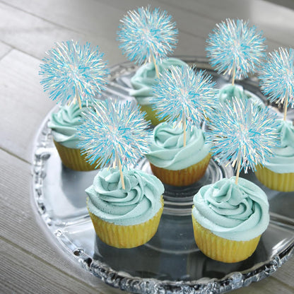 Ephlyn 30Pcs Foil Firework Cupcake Toppers Sparkle Tinsel Cupcake Picks Drink Stirrers Cocktail Food Fruit Toothpicks for Baby Shower Graduation Party Supplies White