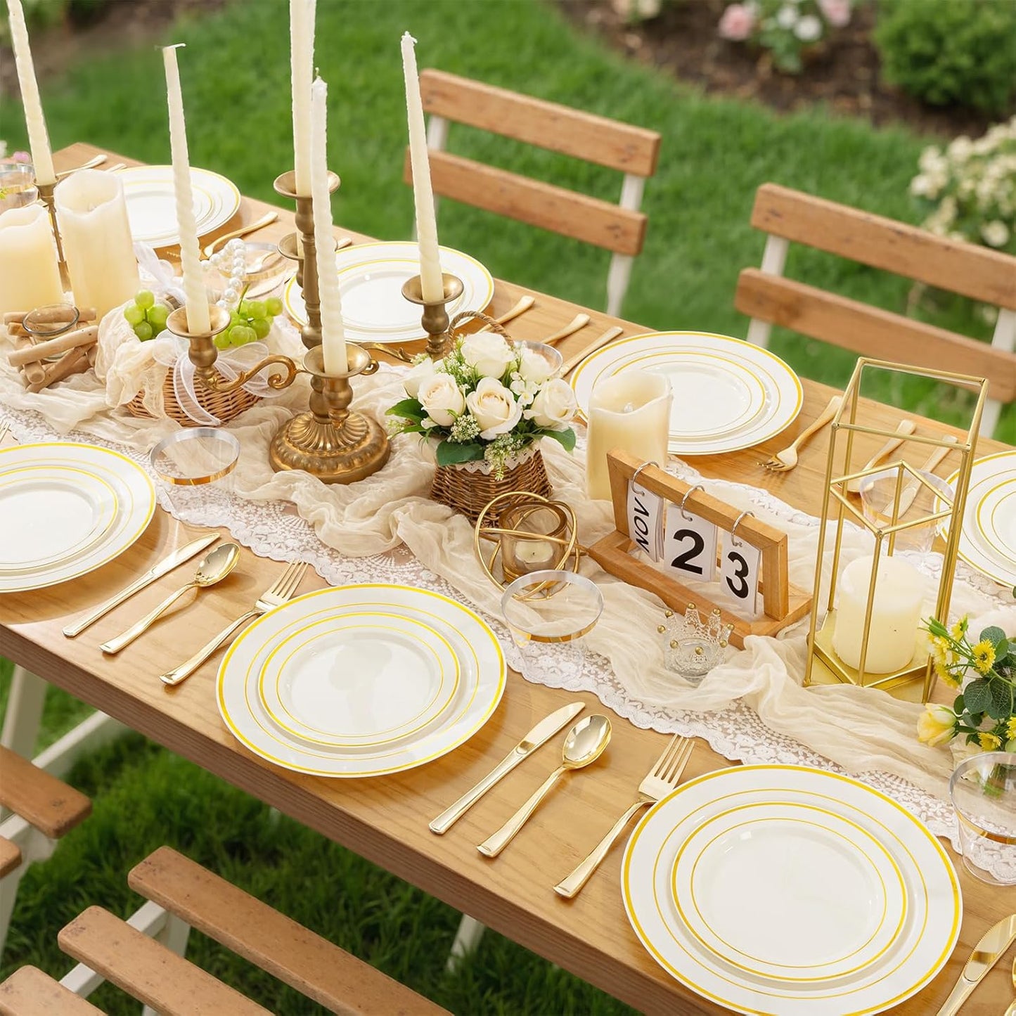 WELLIFE 350-Piece Gold Disposable Plates and Cutlery Set - Premium 10.25" Dinner Plates, 7.5" Dessert Plates, 9oz Cups & Cutlery for Weddings, Catering Events - 50 Guest Service - Elegant & Sturdy
