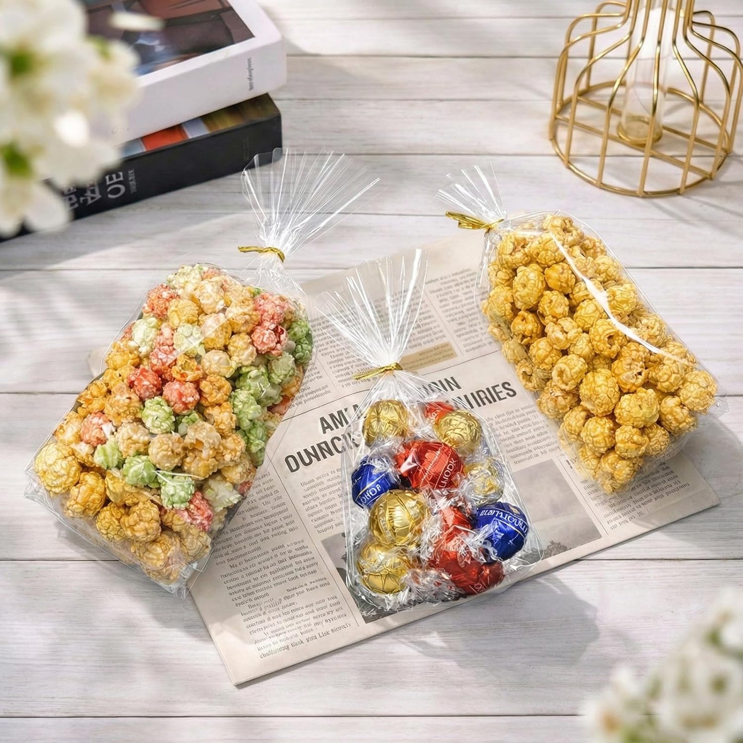 Cellophane Treat Bags, 5x7 Inch Iridescent Cellophane Bags with Thank You Stickers and Twist Ties, Celebrations Baby Showers Weddings Birthday Party Gift Wrapping(Pack of 100)