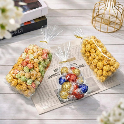 Cellophane Treat Bags, 5x7 Inch Iridescent Cellophane Bags with Thank You Stickers and Twist Ties, Celebrations Baby Showers Weddings Birthday Party Gift Wrapping(Pack of 100)
