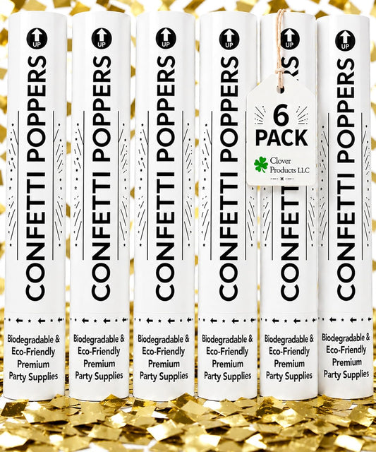 Clover Products 12" Confetti Cannons – 6 Pack Multi-Colored Confetti Poppers | Air-Powered Party Poppers | Shoots 25 Feet | Safe for Indoor & Outdoor | Perfect for Weddings, Birthdays & Events