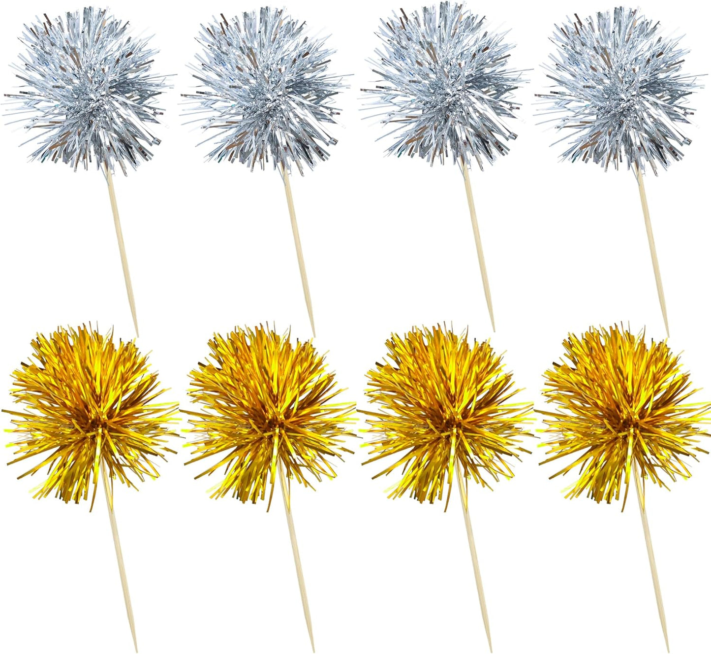 Ephlyn 30Pcs Foil Firework Cupcake Toppers Sparkle Tinsel Cupcake Picks Drink Stirrers Cocktail Food Fruit Toothpicks for Baby Shower Graduation Party Supplies White