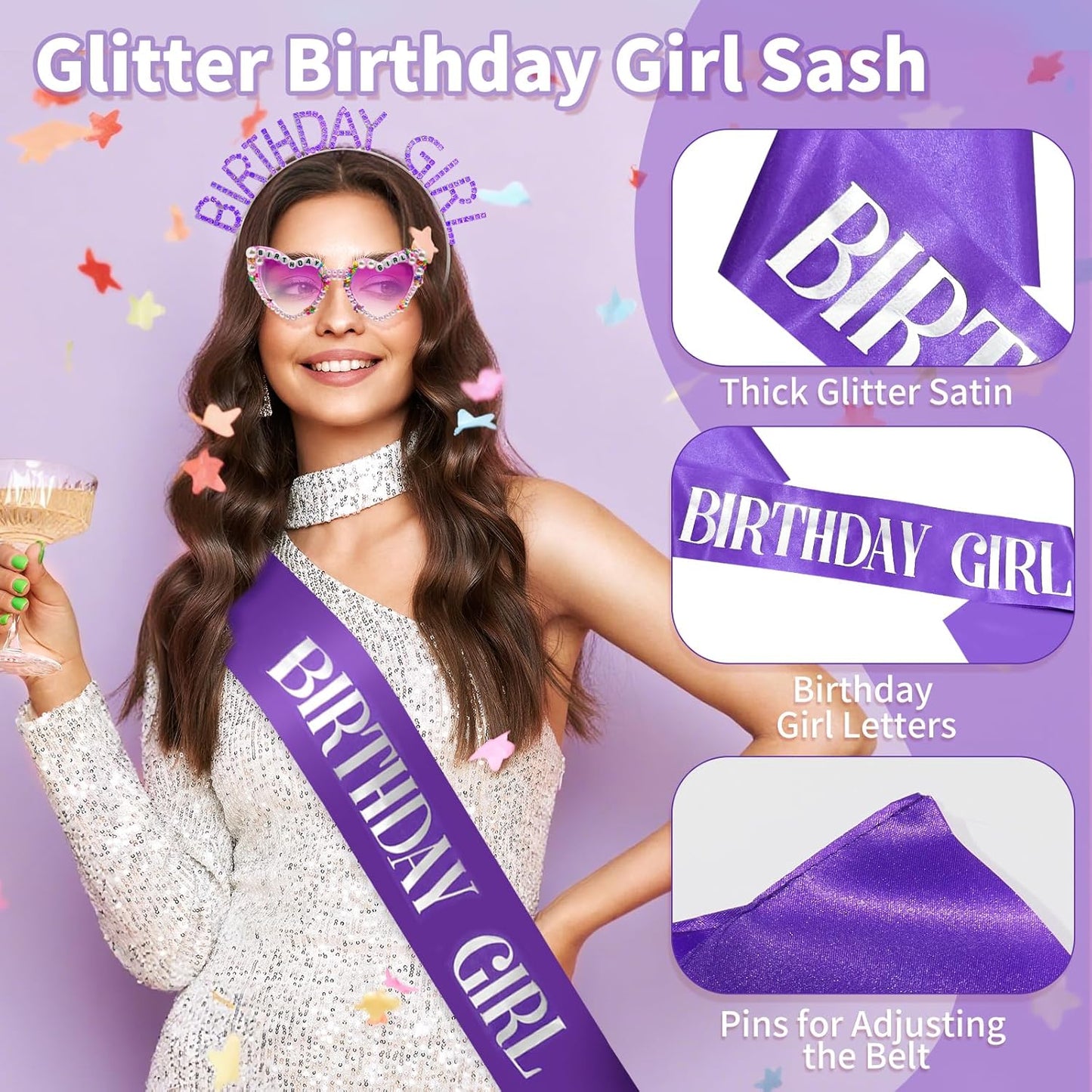 3Pcs Birthday Girl Sash Headband Set-Birthday Sash Tiara and Crown Sunglasses for Girls Women