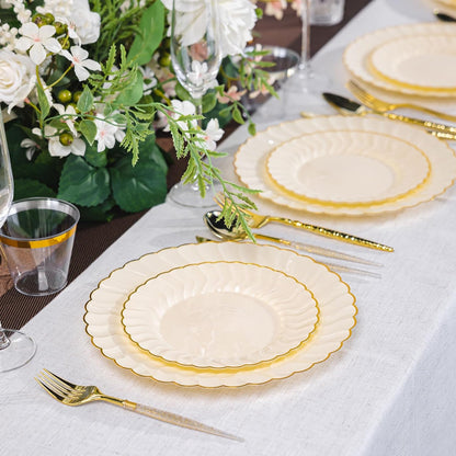 Lullaby 60PCS Ivory Scalloped Plastic Plates with Gold Rim, Disposable Elegant Plates Include 30pcs Dinner Plate 10.25", 30pcs Plastic Dessert Plate 7.5", Perfect for Wedding and Party