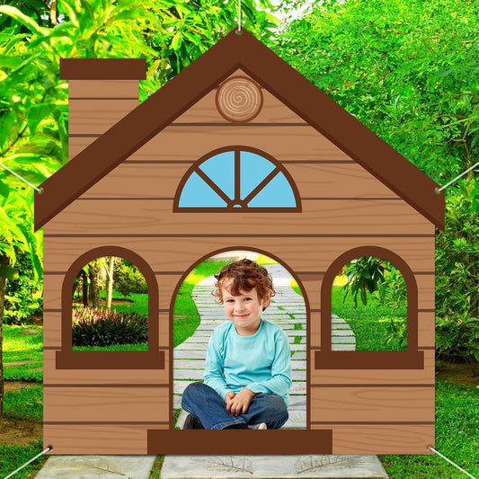 Large Wooden House Photo Prop Wooden House Shaped Selfie Frame Backdrop Banner Little Pigs Party Photo Booth Props for Kids Birthday Western Cowboys Farm Animal Party Decorations Supplies 63 x 60 Inch