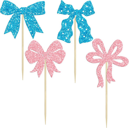 Ephlyn 24Pcs Pink Bow Cupcake Toppers Bow Birthday Cake Topper Girls Birthday Party Decorations Bowknot Cupcake Decorations for Bridal Wedding Themed Party Multi