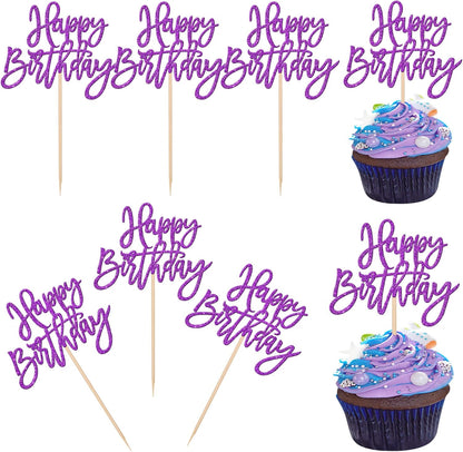 24 PCS Happy Birthday Cupcake Toppers Glitter Picks for Celebrating Anniversary Theme Party Cake Decorations Supplies Gold
