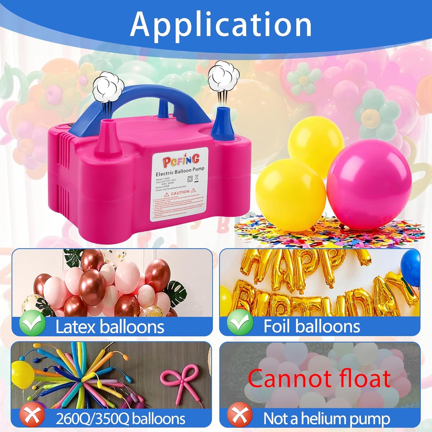 PCFING Balloon Pump Electric, Portable Balloons Inflator Blower Machine with Balloon Tie Tool & Dual Nozzle