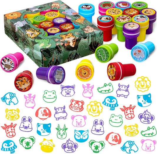 DMIGHT Jungle Safari Party Favors 20 PCS Wild Animals Stamps for Kids Birthday Gifts, Zoo Animal Stamps for Kids, Self Inking Stamps