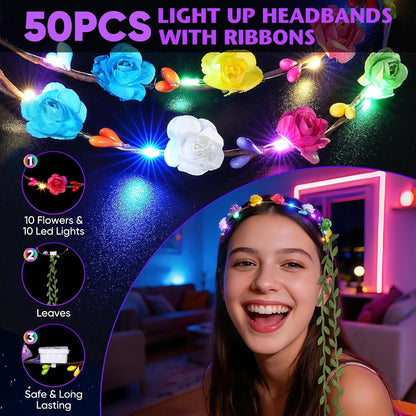 50 PCS LED Flower Crowns Headbands with Ribbons, Light Up Flower Headband for Women, Glow in the Dark Party Supplies for Wedding Birthday Party