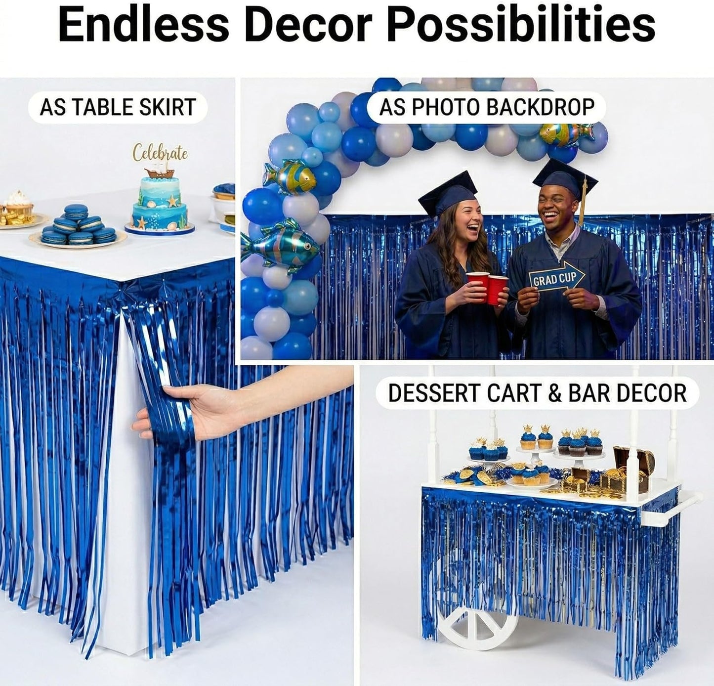 Blue Streamers Party Decorations, 2 Packs Blue Table Skirts Metallic Foil Fringe Tinsel for Birthday Under the Sea Boy Baby Shower Float Parade Mardi Gras Graduation Party Supplies -29x108Inch