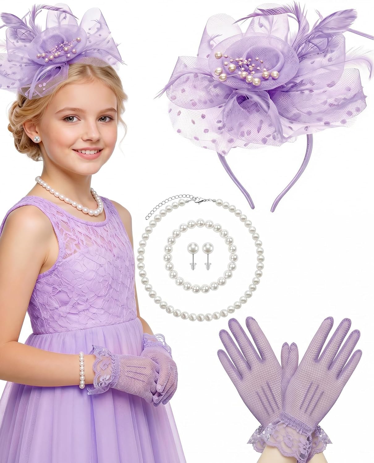 Girls Tea Party Fascinators Hats for Kids Fascinator Tea Party Hat Headband with Gloves Accessories for Girls