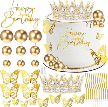 Crown Cake Topper, Balls Happy Birthday Cake Topper Pink Crown Birthday Candles Gold Butterflies, Corona Para Pastel, Cake Decorations for Birthday Wedding (Gold, Pink)