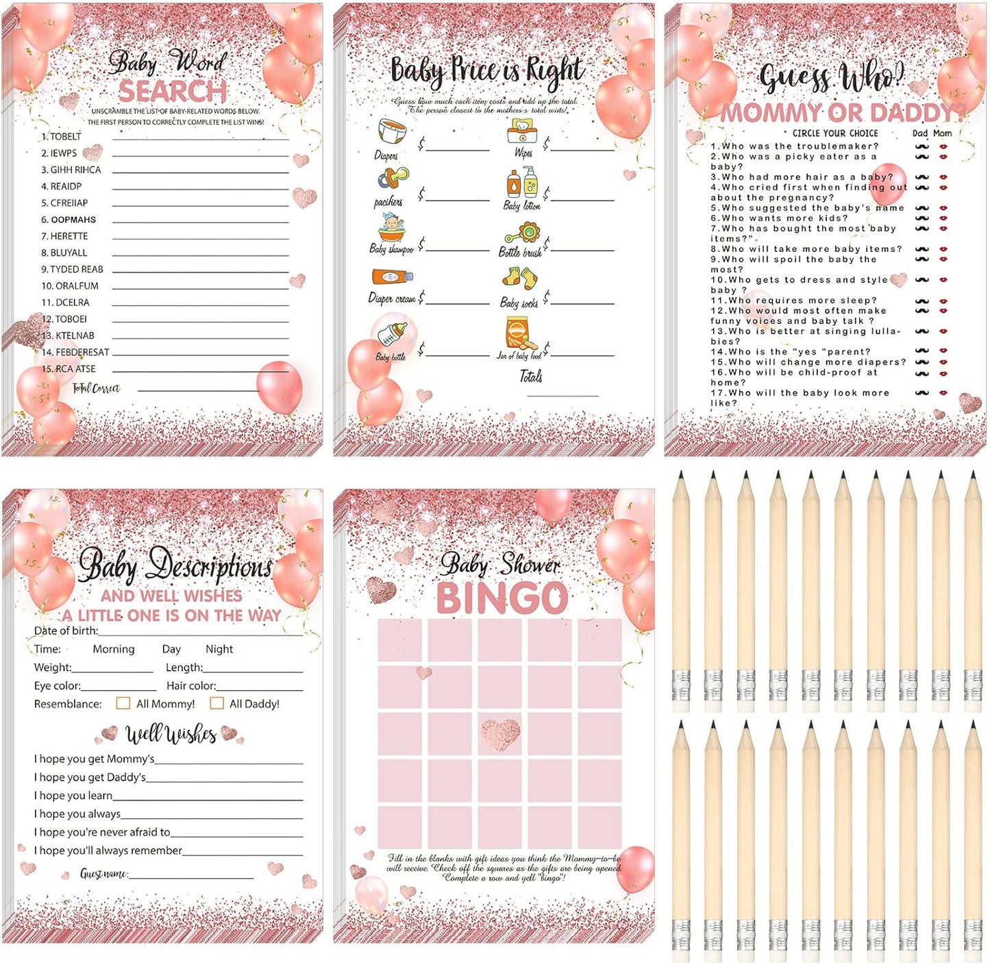Yinder 145 Pcs Baby Shower Games Activities Cards with 20 Pencils Includes Baby Bingo Description and Wishes Guess Who Price is Right Word Scramble Game(Here Comes the Son)
