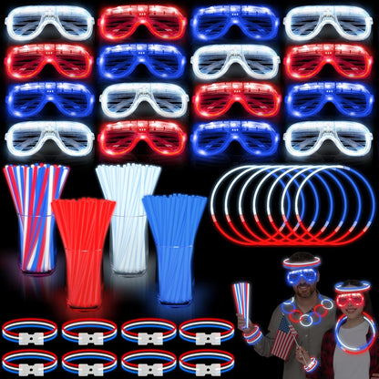 TURNMEON 248 Pcs 250th Anniversary 4th of July Light Up Party Favors, 24 Red White Blue Glasses 200 Patriotic Glow Sticks Bulk with Connectors Glow in the Dark Party Supplies Independence Day Decor