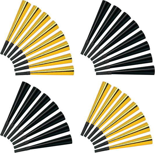 Beistle New Year’s Eve Party Horns – Pack of 30, Black and Gold Foil Noisemakers, Metallic Horns, NYE Noisemakers for Countdown Parties, Holiday Gatherings, and Festive Midnight Celebrations, 9”