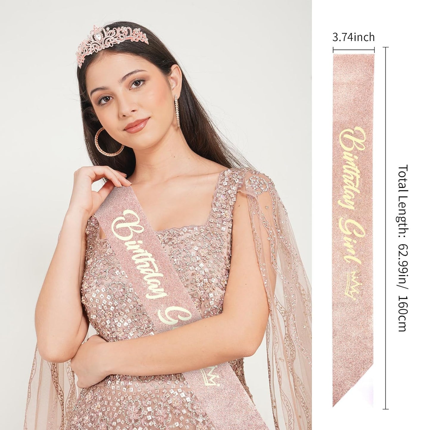 CIEHER Birthday Girl Crown and Sash - Rose Gold Tiara Birthday Decorations for Women and Girls