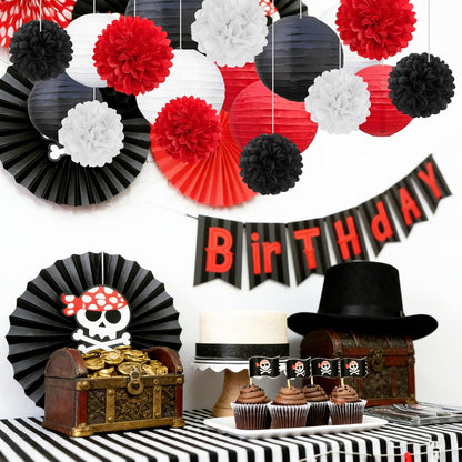 18 PCS Tissue Paper Pom Poms, Tissue Pom Poms Flowers, Sizes of 6", 10", 12", 14" Hanging Paper Flower Ball for Wedding, Birthday, Halloween, Christmas, Baby Shower Party Decor (Red Black Gold)