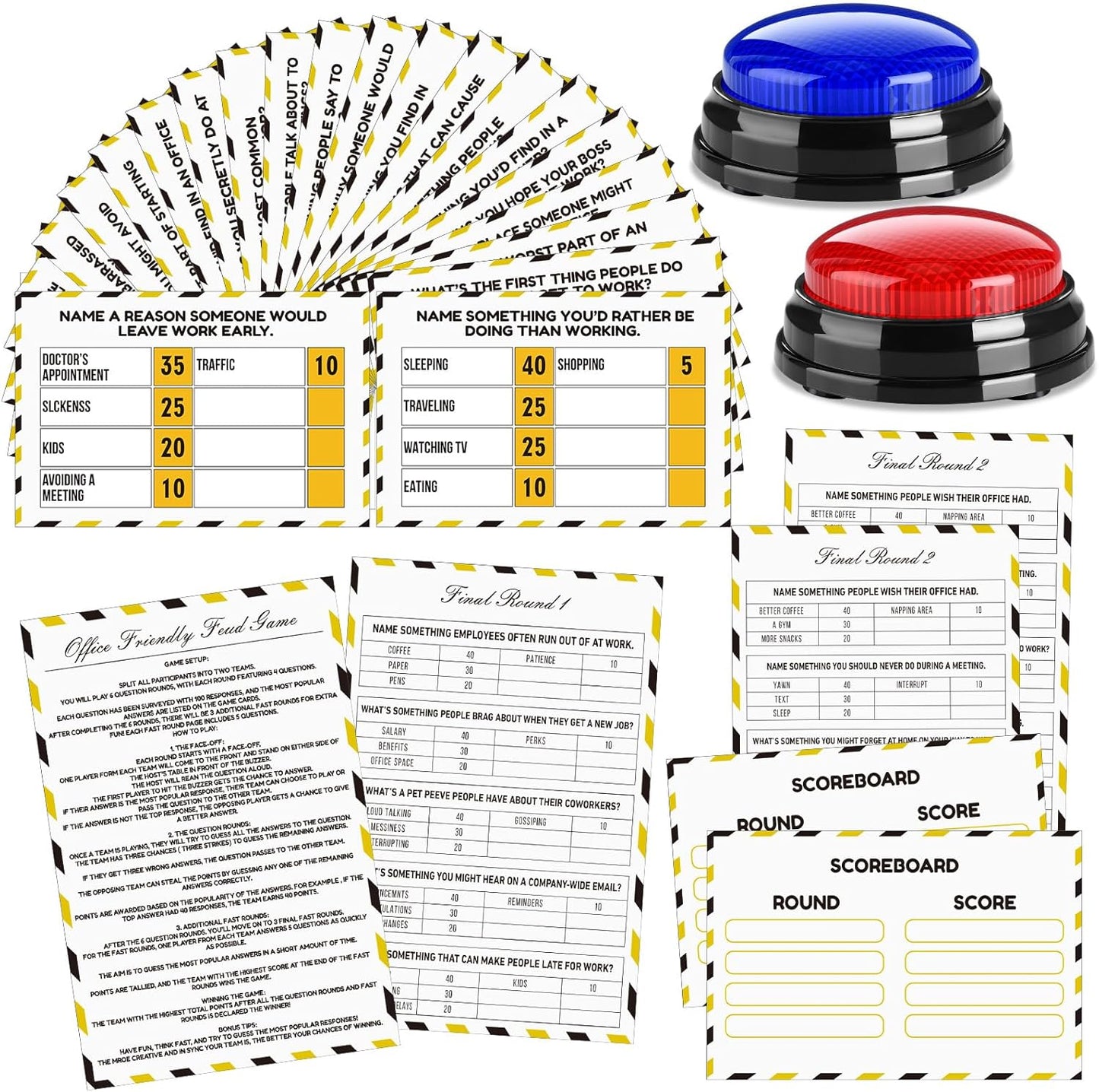 20 Pcs Retirement Friendly Feud Game Set Retirement Party Game Trivia Quiz with 18 Card 2 Buzzer for Adults Family Games Activities Party Supplies, Battery Not Included