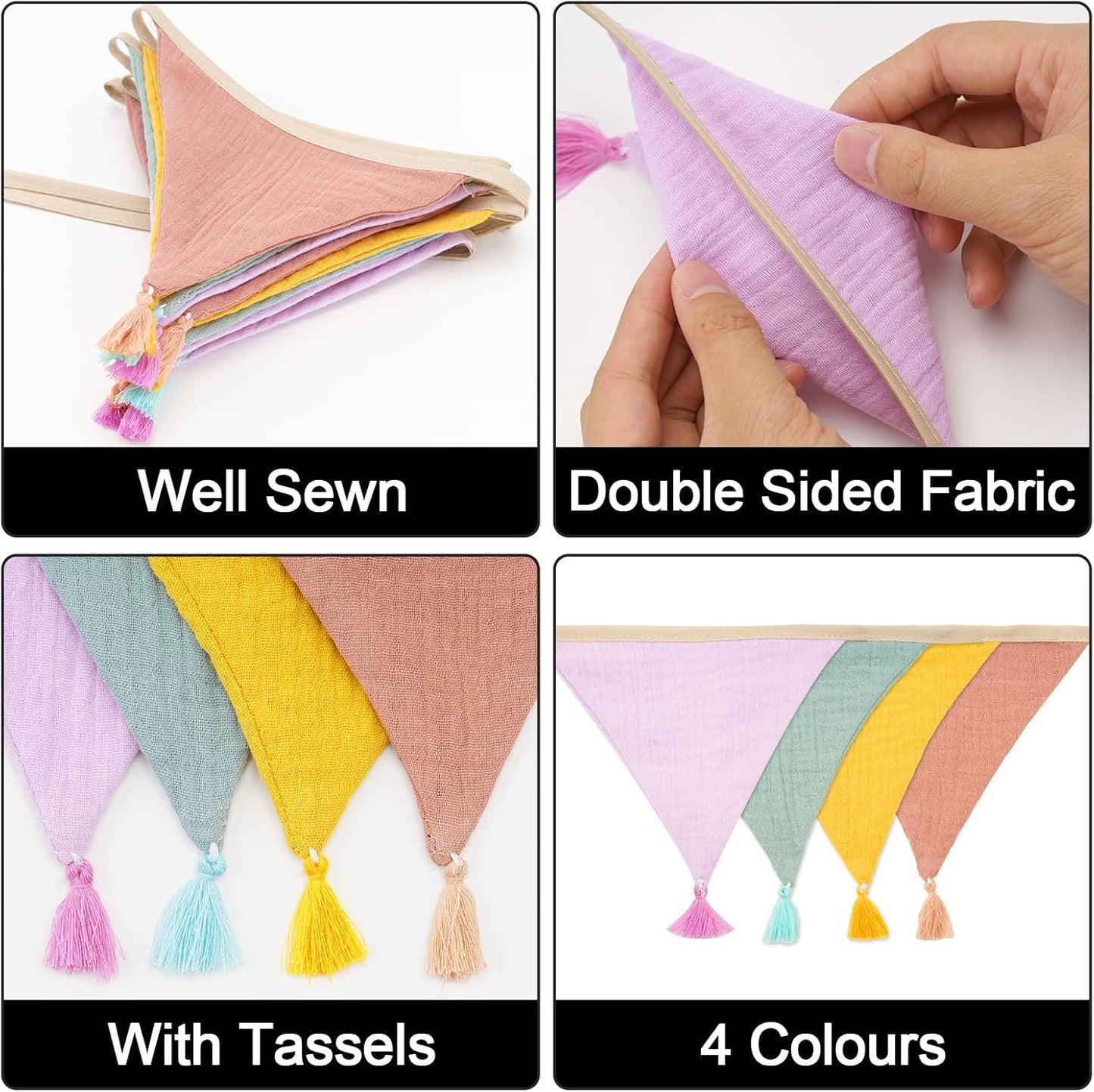 G2PLUS Cotton Fabric Bunting Banner, 9Ft Green Triangle Pennant Banner Flag, 12pcs Double-Sided Bunting Garland with Tassels for Birthday, Nursery, Baby Shower, Classroom Hanging Decor